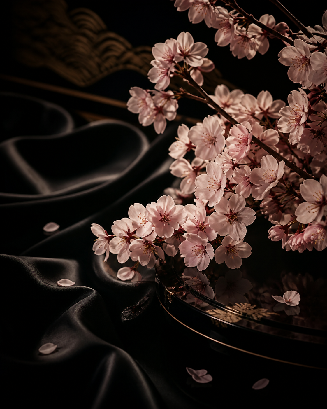 夜桜と黒い絹、金色の装飾による高級な静物